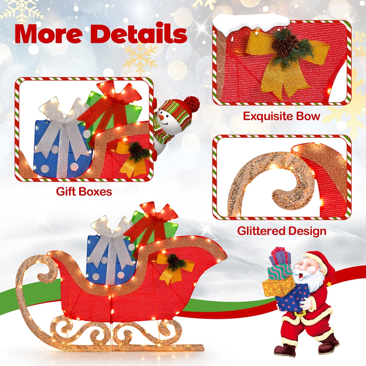 Costway 4 FT Long Christmas Santa's Sleigh Pre-lit Holiday Decoration with LED Lights